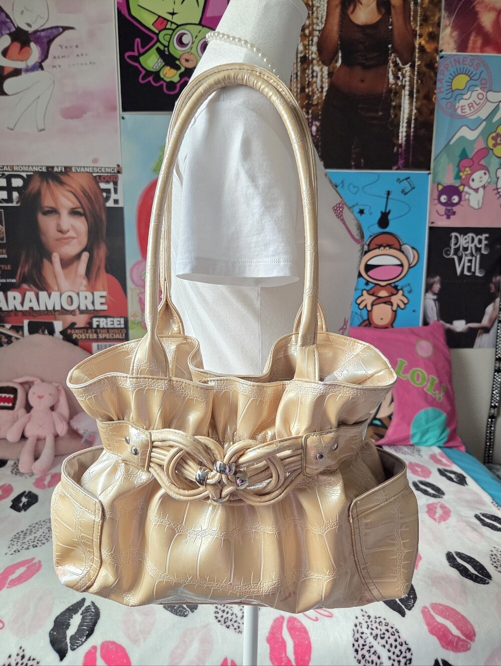 Y2k gold faux leather handbag with rhinestone buckle